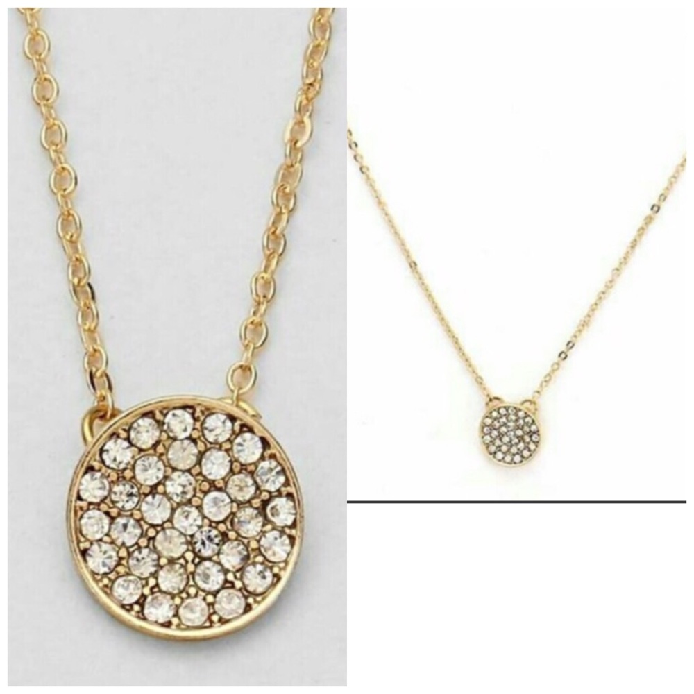 Gold mini rhinestone round disc necklace NWT